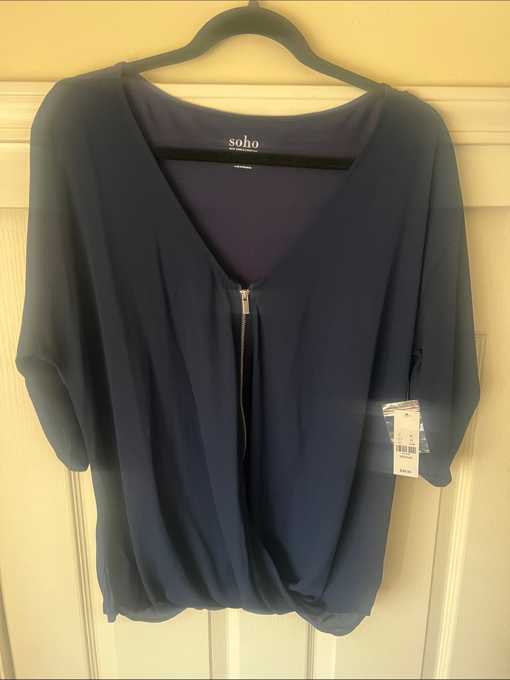 New York & Company soho  Navy V-Neck Zip-Front Blouse
